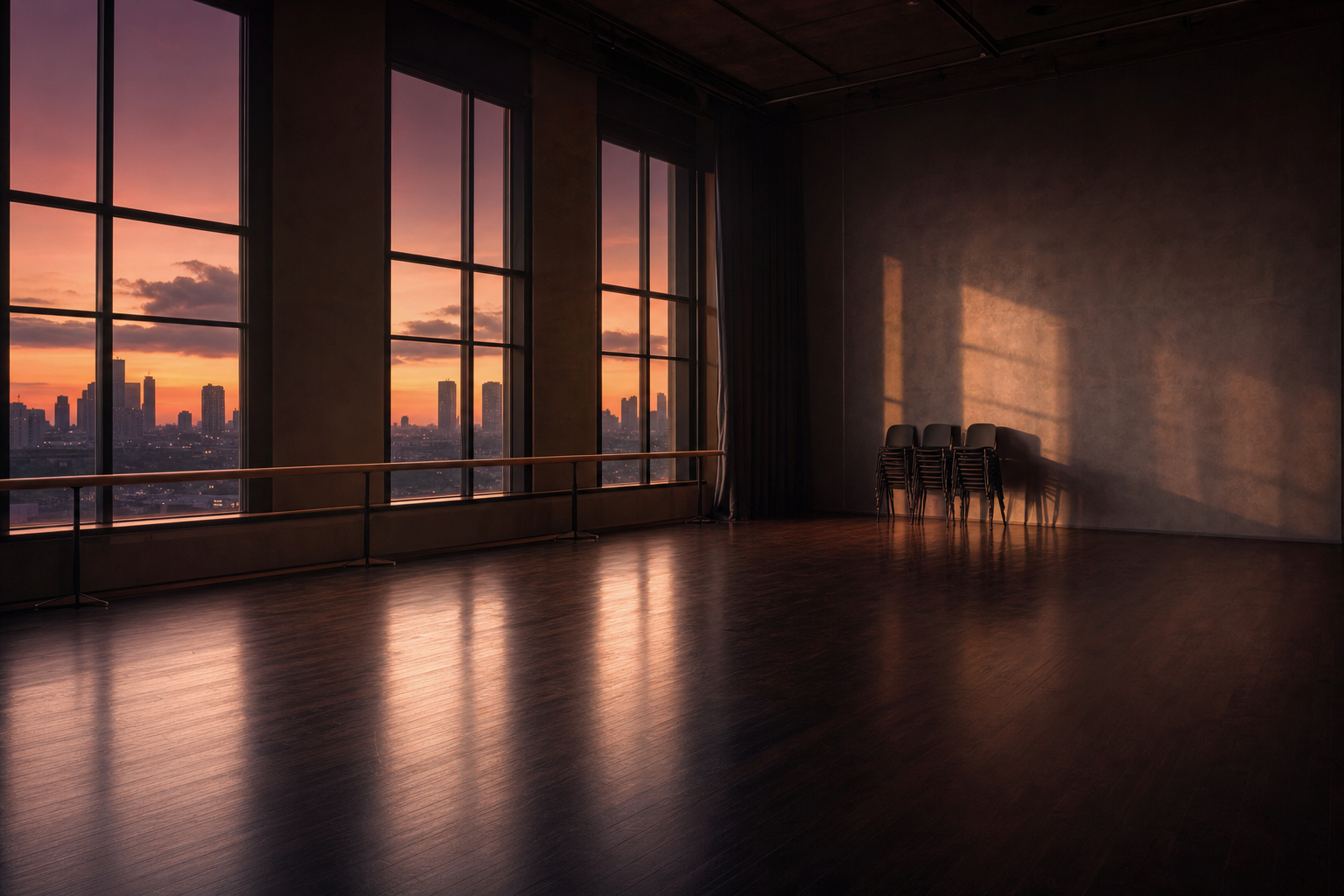 A performing arts rehearsal studio at dusk