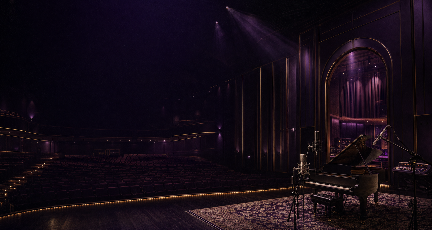 A grand theater and recording studio bathed in plum and gold light
