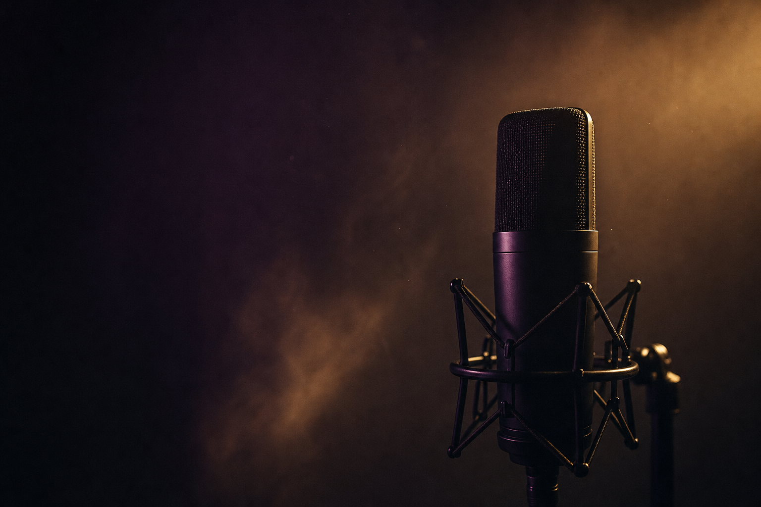A studio microphone lit in plum and brass