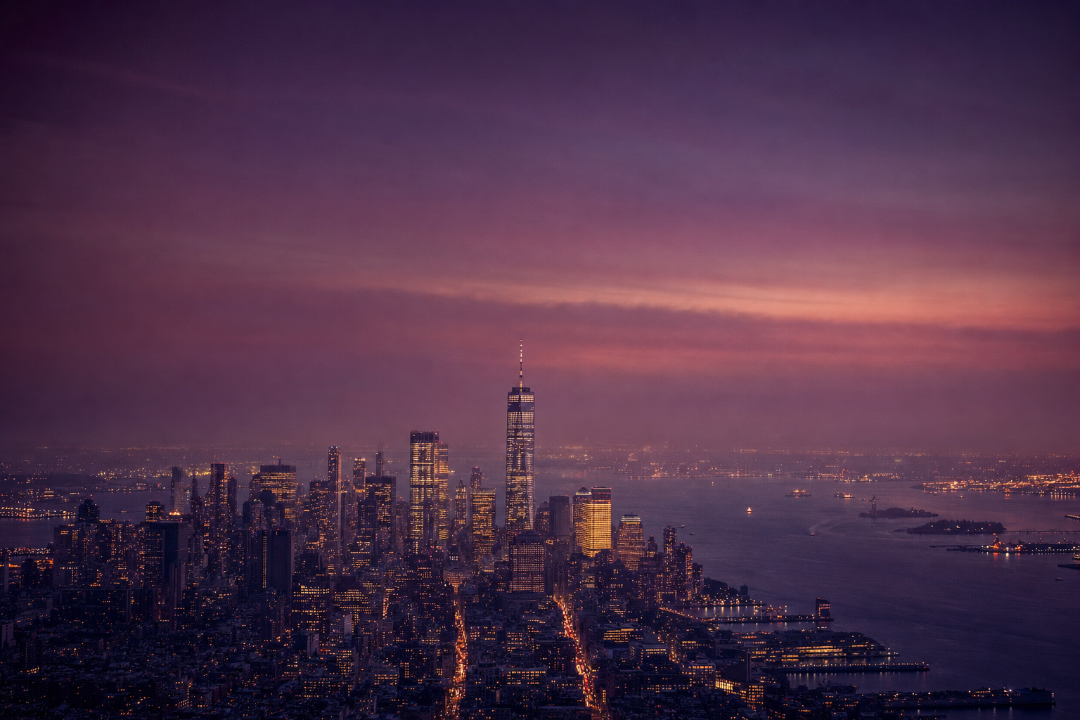 The New York City skyline at dusk in plum and gold tones
